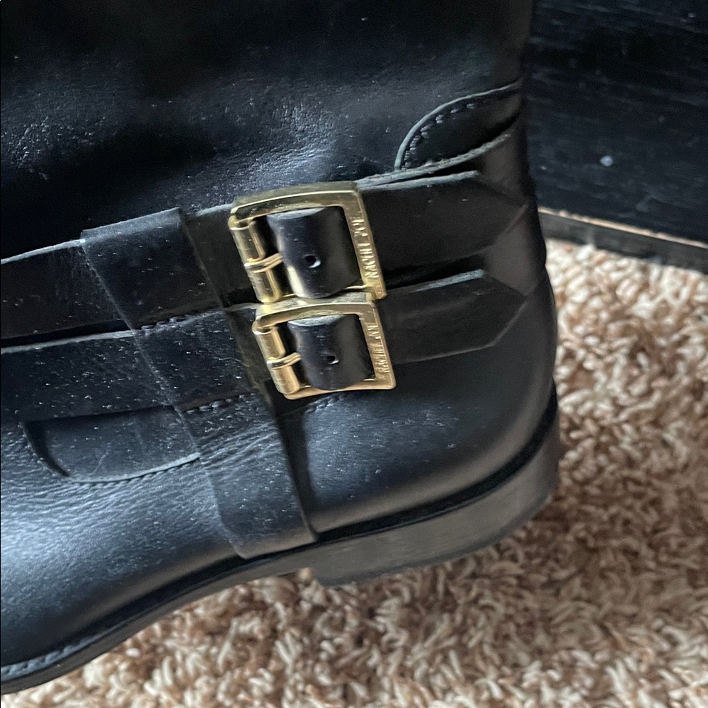 Rachel Zoe Black Leather Riding Buckle Boots with Tan Trim - Picture 7 of 11